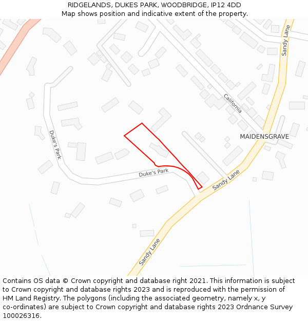 RIDGELANDS, DUKES PARK, WOODBRIDGE, IP12 4DD: Location map and indicative extent of plot