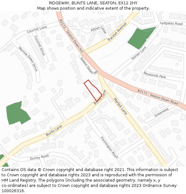 RIDGEWAY, BUNTS LANE, SEATON, EX12 2HY: Location map and indicative extent of plot