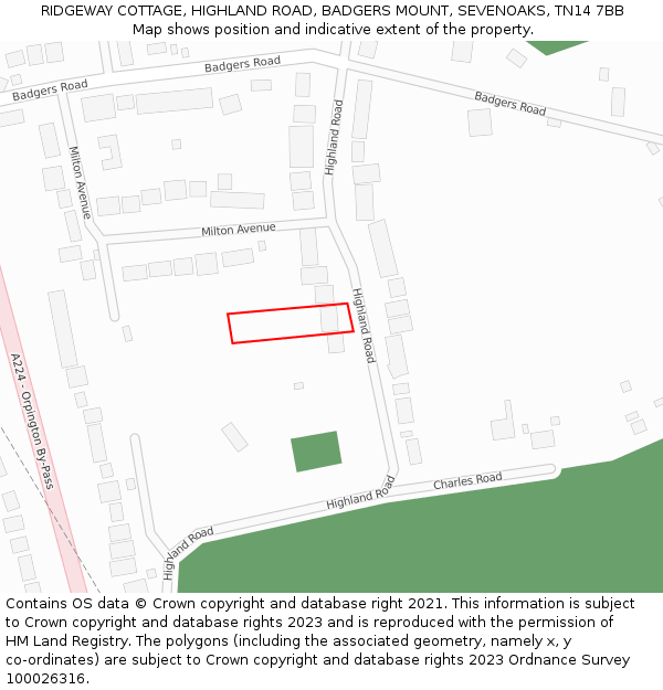 RIDGEWAY COTTAGE, HIGHLAND ROAD, BADGERS MOUNT, SEVENOAKS, TN14 7BB: Location map and indicative extent of plot