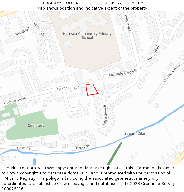 RIDGEWAY, FOOTBALL GREEN, HORNSEA, HU18 1RA: Location map and indicative extent of plot