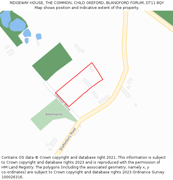 RIDGEWAY HOUSE, THE COMMON, CHILD OKEFORD, BLANDFORD FORUM, DT11 8QY: Location map and indicative extent of plot