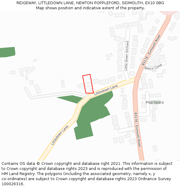 RIDGEWAY, LITTLEDOWN LANE, NEWTON POPPLEFORD, SIDMOUTH, EX10 0BG: Location map and indicative extent of plot