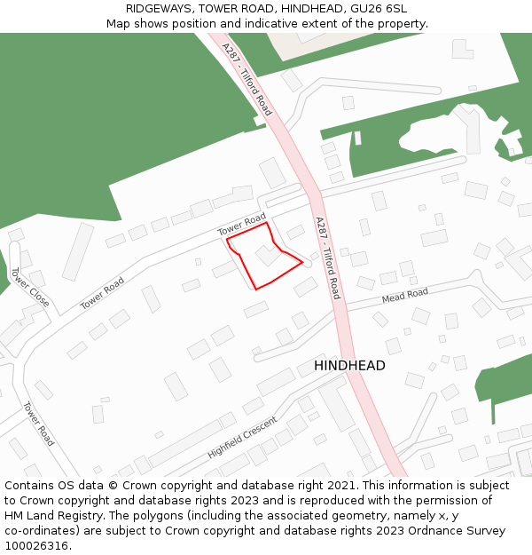 RIDGEWAYS, TOWER ROAD, HINDHEAD, GU26 6SL: Location map and indicative extent of plot