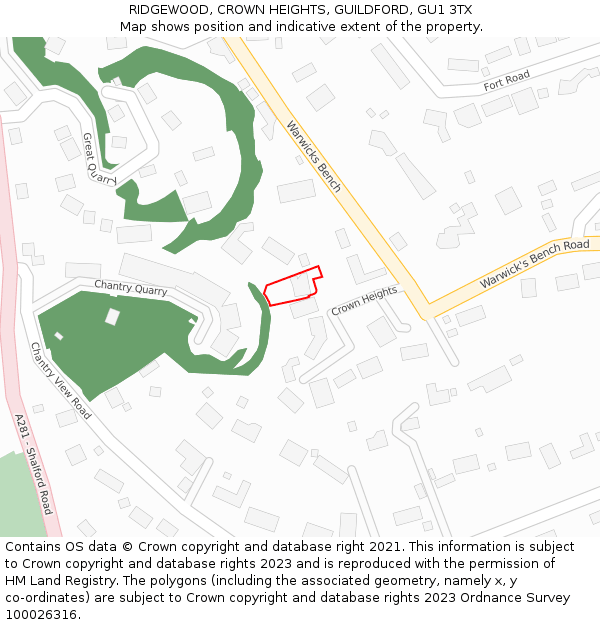 RIDGEWOOD, CROWN HEIGHTS, GUILDFORD, GU1 3TX: Location map and indicative extent of plot