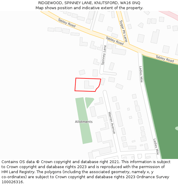 RIDGEWOOD, SPINNEY LANE, KNUTSFORD, WA16 0NQ: Location map and indicative extent of plot