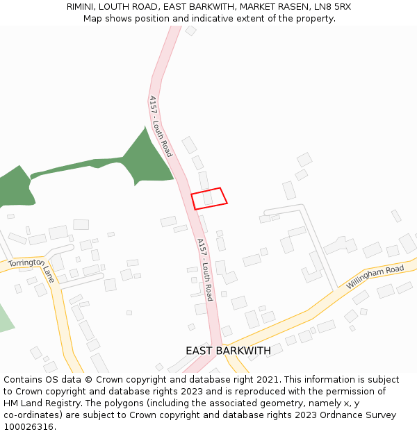 RIMINI, LOUTH ROAD, EAST BARKWITH, MARKET RASEN, LN8 5RX: Location map and indicative extent of plot