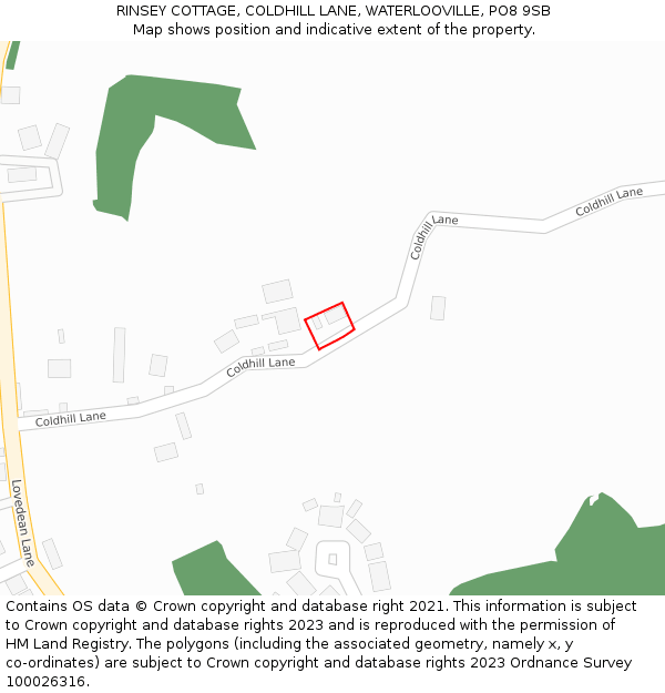 RINSEY COTTAGE, COLDHILL LANE, WATERLOOVILLE, PO8 9SB: Location map and indicative extent of plot