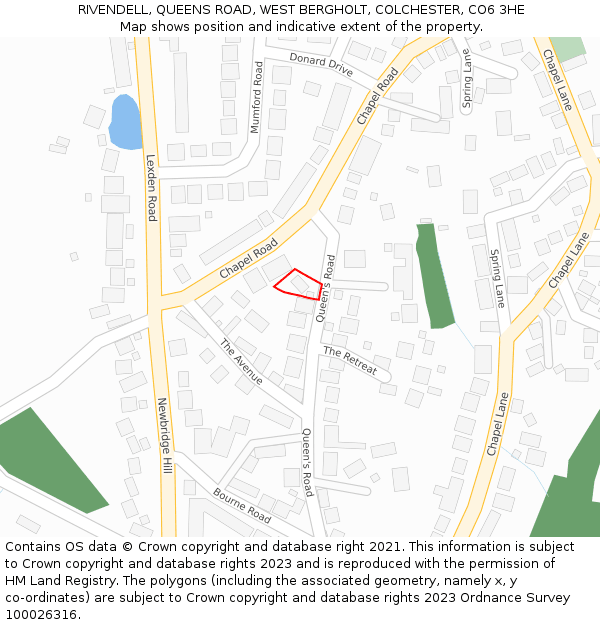 RIVENDELL, QUEENS ROAD, WEST BERGHOLT, COLCHESTER, CO6 3HE: Location map and indicative extent of plot