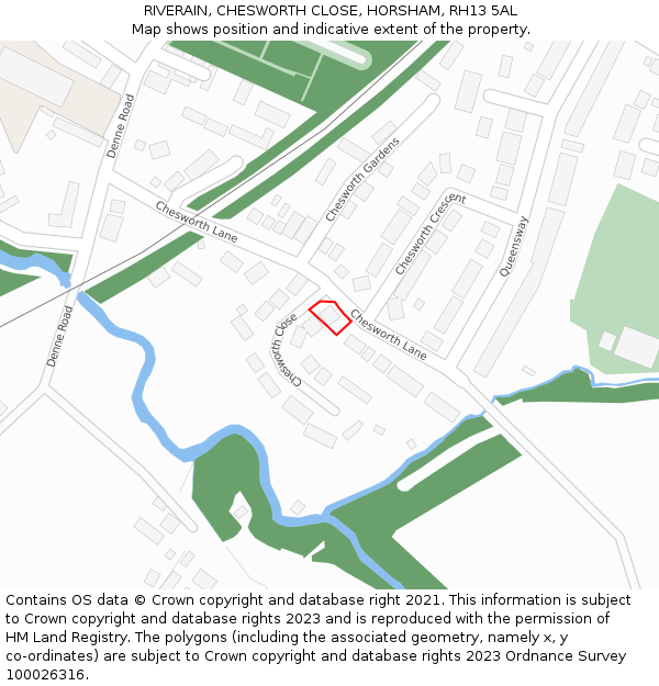RIVERAIN, CHESWORTH CLOSE, HORSHAM, RH13 5AL: Location map and indicative extent of plot