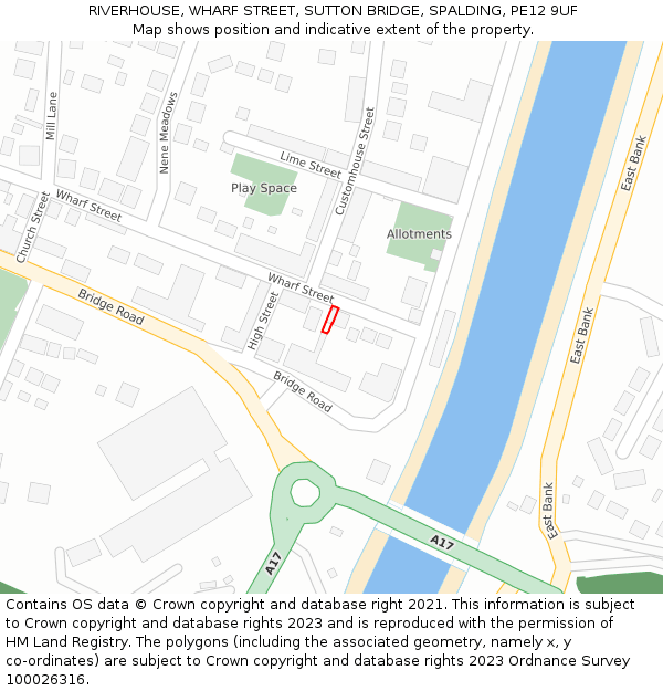 RIVERHOUSE, WHARF STREET, SUTTON BRIDGE, SPALDING, PE12 9UF: Location map and indicative extent of plot