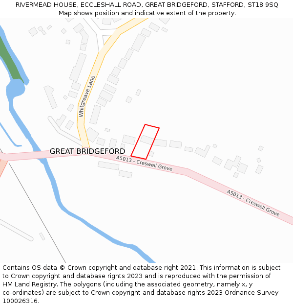 RIVERMEAD HOUSE, ECCLESHALL ROAD, GREAT BRIDGEFORD, STAFFORD, ST18 9SQ: Location map and indicative extent of plot