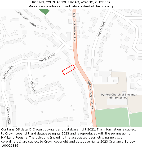 ROBINS, COLDHARBOUR ROAD, WOKING, GU22 8SP: Location map and indicative extent of plot