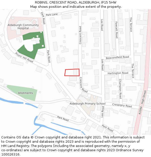 ROBINS, CRESCENT ROAD, ALDEBURGH, IP15 5HW: Location map and indicative extent of plot