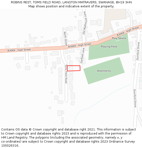 ROBINS REST, TOMS FIELD ROAD, LANGTON MATRAVERS, SWANAGE, BH19 3HN: Location map and indicative extent of plot