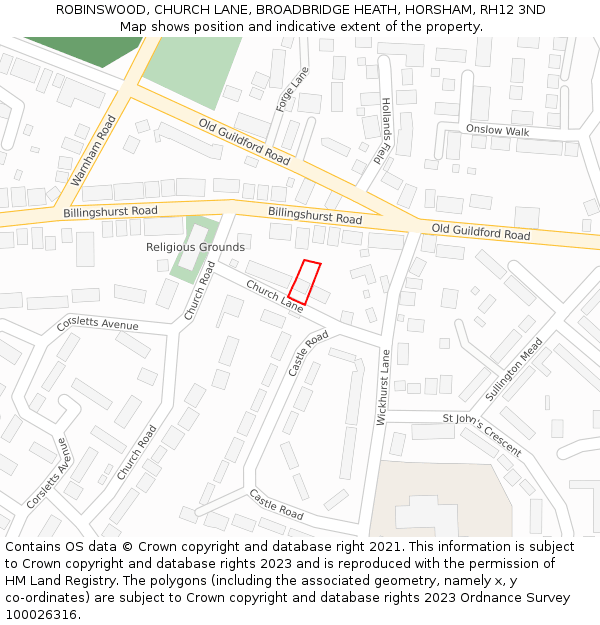 ROBINSWOOD, CHURCH LANE, BROADBRIDGE HEATH, HORSHAM, RH12 3ND: Location map and indicative extent of plot