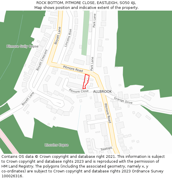 ROCK BOTTOM, PITMORE CLOSE, EASTLEIGH, SO50 4JL: Location map and indicative extent of plot