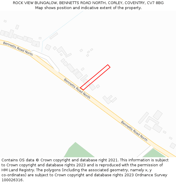 ROCK VIEW BUNGALOW, BENNETTS ROAD NORTH, CORLEY, COVENTRY, CV7 8BG: Location map and indicative extent of plot