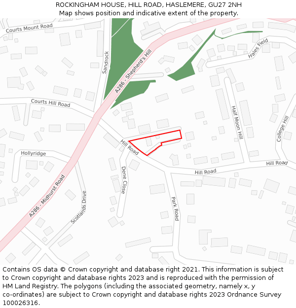 ROCKINGHAM HOUSE, HILL ROAD, HASLEMERE, GU27 2NH: Location map and indicative extent of plot