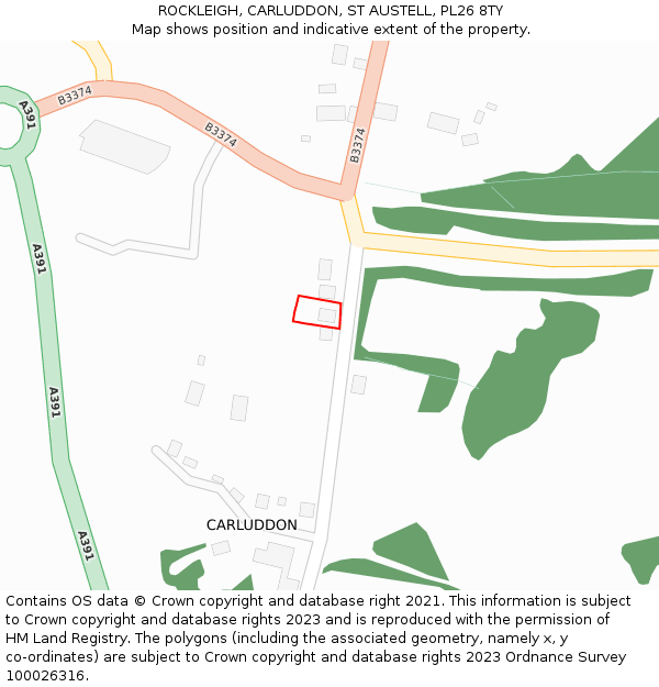 ROCKLEIGH, CARLUDDON, ST AUSTELL, PL26 8TY: Location map and indicative extent of plot