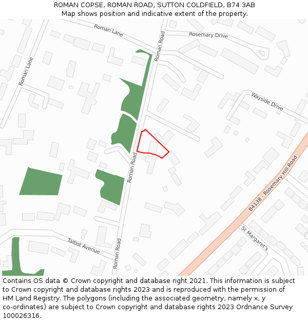 ROMAN COPSE, ROMAN ROAD, SUTTON COLDFIELD, B74 3AB: Location map and indicative extent of plot