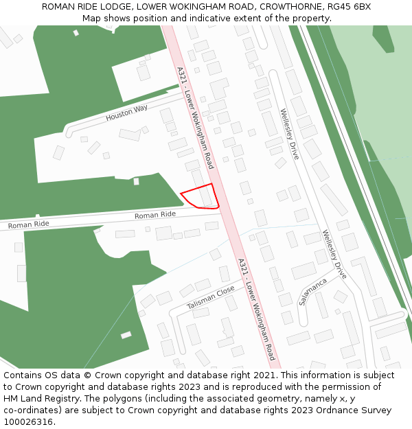 ROMAN RIDE LODGE, LOWER WOKINGHAM ROAD, CROWTHORNE, RG45 6BX: Location map and indicative extent of plot