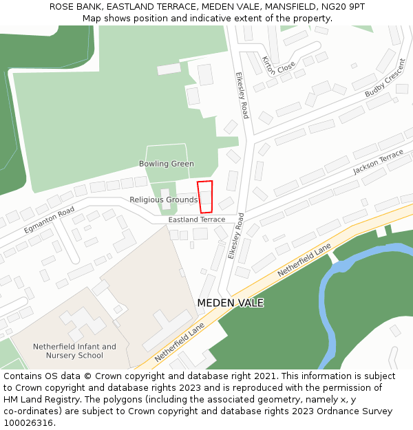 ROSE BANK, EASTLAND TERRACE, MEDEN VALE, MANSFIELD, NG20 9PT: Location map and indicative extent of plot