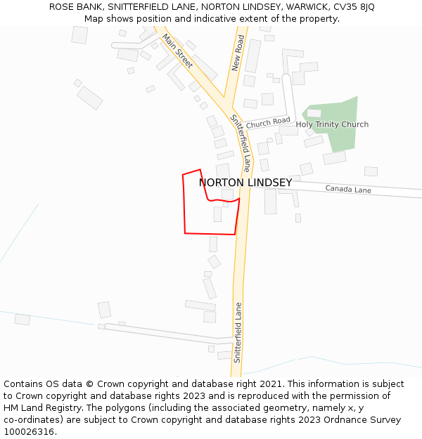 ROSE BANK, SNITTERFIELD LANE, NORTON LINDSEY, WARWICK, CV35 8JQ: Location map and indicative extent of plot