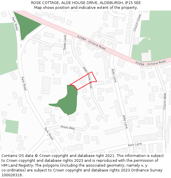 ROSE COTTAGE, ALDE HOUSE DRIVE, ALDEBURGH, IP15 5EE: Location map and indicative extent of plot