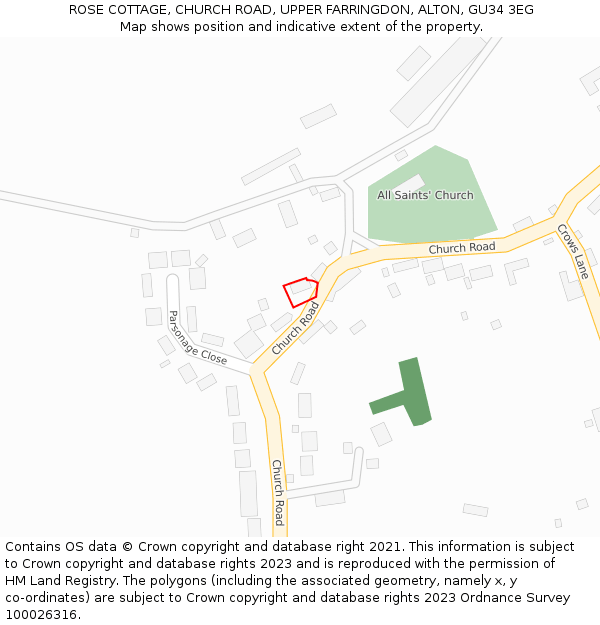 ROSE COTTAGE, CHURCH ROAD, UPPER FARRINGDON, ALTON, GU34 3EG: Location map and indicative extent of plot