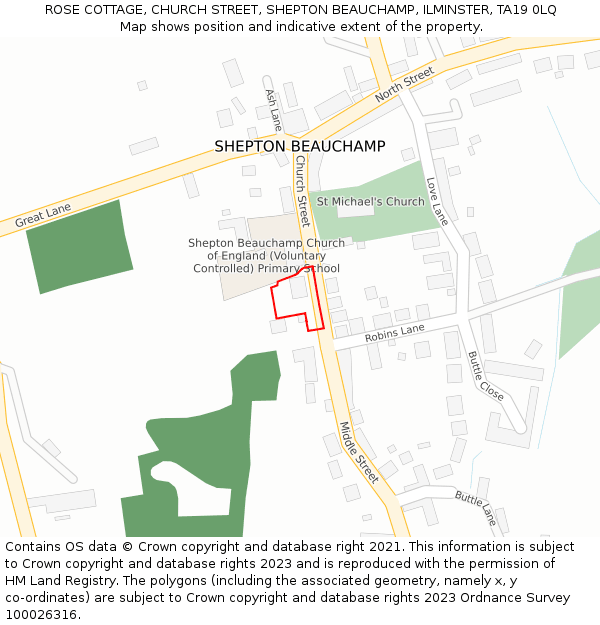 ROSE COTTAGE, CHURCH STREET, SHEPTON BEAUCHAMP, ILMINSTER, TA19 0LQ: Location map and indicative extent of plot
