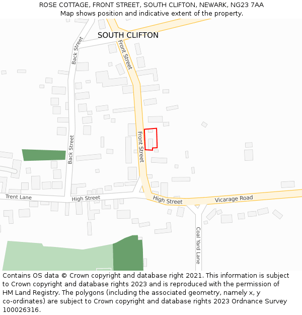 ROSE COTTAGE, FRONT STREET, SOUTH CLIFTON, NEWARK, NG23 7AA: Location map and indicative extent of plot