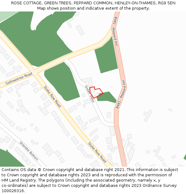 ROSE COTTAGE, GREEN TREES, PEPPARD COMMON, HENLEY-ON-THAMES, RG9 5EN: Location map and indicative extent of plot