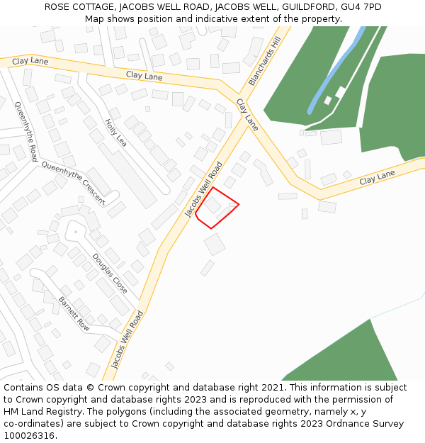 ROSE COTTAGE, JACOBS WELL ROAD, JACOBS WELL, GUILDFORD, GU4 7PD: Location map and indicative extent of plot