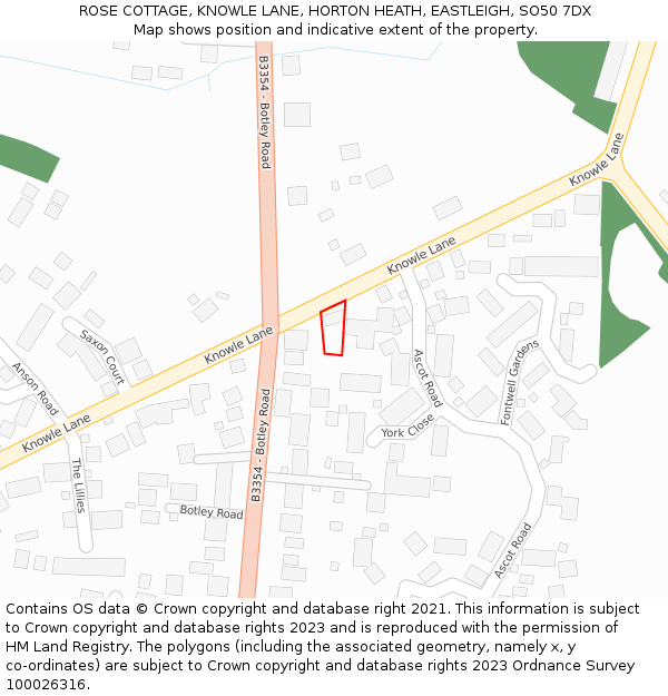 ROSE COTTAGE, KNOWLE LANE, HORTON HEATH, EASTLEIGH, SO50 7DX: Location map and indicative extent of plot