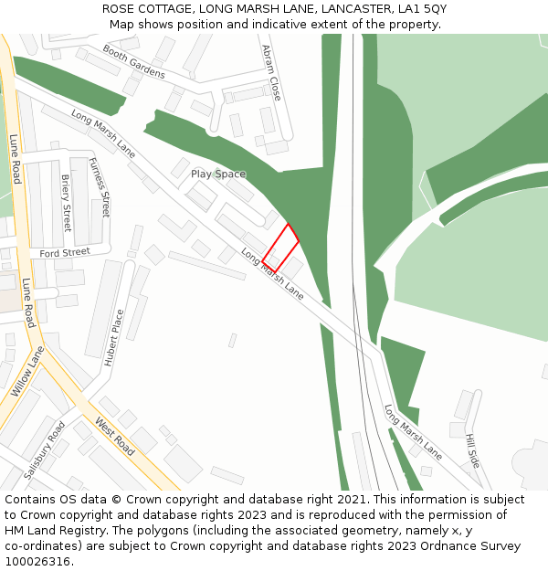 ROSE COTTAGE, LONG MARSH LANE, LANCASTER, LA1 5QY: Location map and indicative extent of plot