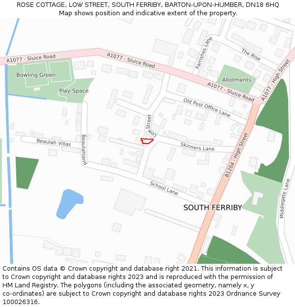 ROSE COTTAGE, LOW STREET, SOUTH FERRIBY, BARTON-UPON-HUMBER, DN18 6HQ: Location map and indicative extent of plot