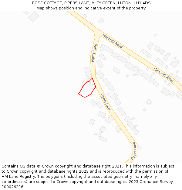 ROSE COTTAGE, PIPERS LANE, ALEY GREEN, LUTON, LU1 4DS: Location map and indicative extent of plot