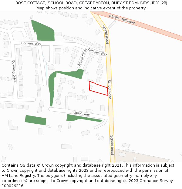 ROSE COTTAGE, SCHOOL ROAD, GREAT BARTON, BURY ST EDMUNDS, IP31 2RJ: Location map and indicative extent of plot