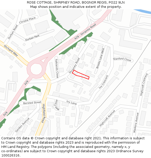 ROSE COTTAGE, SHRIPNEY ROAD, BOGNOR REGIS, PO22 9LN: Location map and indicative extent of plot