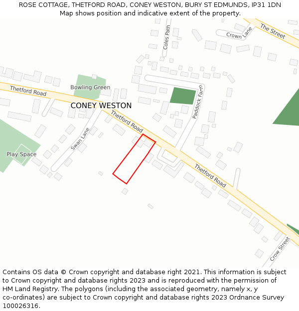 ROSE COTTAGE, THETFORD ROAD, CONEY WESTON, BURY ST EDMUNDS, IP31 1DN: Location map and indicative extent of plot