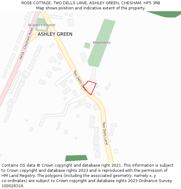 ROSE COTTAGE, TWO DELLS LANE, ASHLEY GREEN, CHESHAM, HP5 3RB: Location map and indicative extent of plot