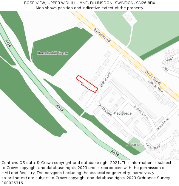 ROSE VIEW, UPPER WIDHILL LANE, BLUNSDON, SWINDON, SN26 8BX: Location map and indicative extent of plot