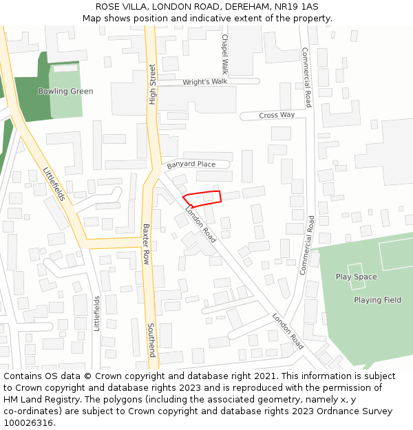 ROSE VILLA, LONDON ROAD, DEREHAM, NR19 1AS: Location map and indicative extent of plot