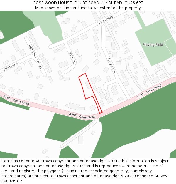 ROSE WOOD HOUSE, CHURT ROAD, HINDHEAD, GU26 6PE: Location map and indicative extent of plot