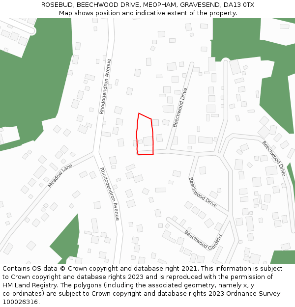 ROSEBUD, BEECHWOOD DRIVE, MEOPHAM, GRAVESEND, DA13 0TX: Location map and indicative extent of plot