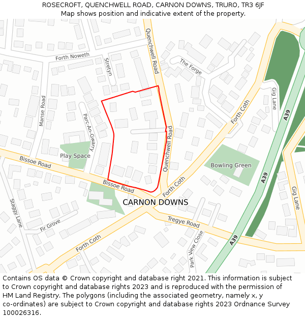 ROSECROFT, QUENCHWELL ROAD, CARNON DOWNS, TRURO, TR3 6JF: Location map and indicative extent of plot