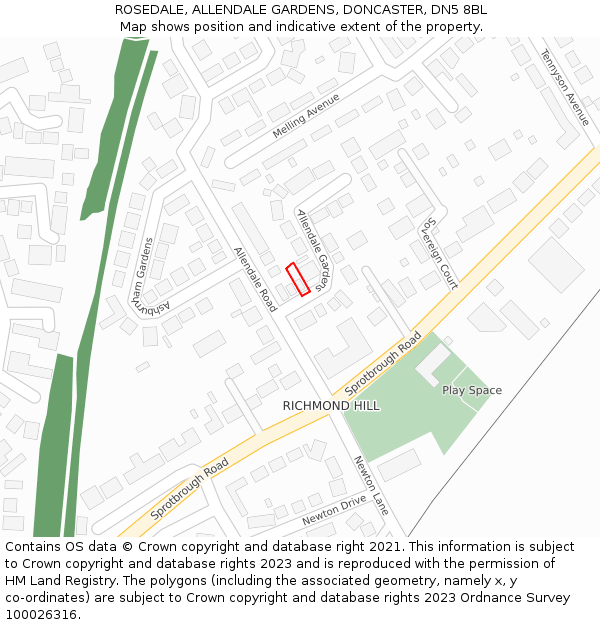ROSEDALE, ALLENDALE GARDENS, DONCASTER, DN5 8BL: Location map and indicative extent of plot