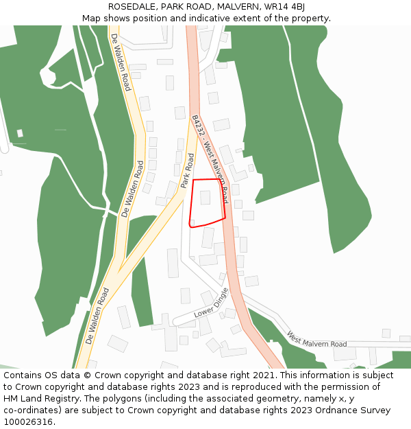ROSEDALE, PARK ROAD, MALVERN, WR14 4BJ: Location map and indicative extent of plot