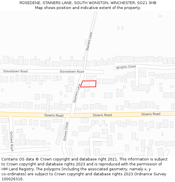 ROSEDENE, STAINERS LANE, SOUTH WONSTON, WINCHESTER, SO21 3HB: Location map and indicative extent of plot