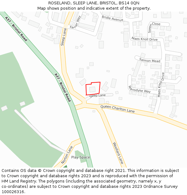 ROSELAND, SLEEP LANE, BRISTOL, BS14 0QN: Location map and indicative extent of plot